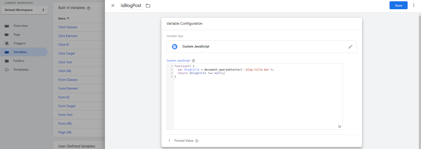 This image contains a screenshot of the first step: Configure a custom variable in GTM to check if a blog-specific element is present on a page (to help you filter blog post traffic in GA4 when Mixed URLs)