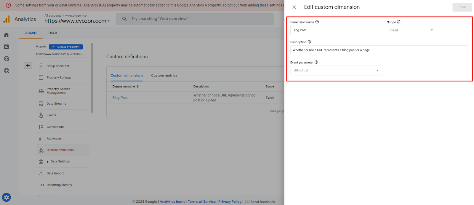 This image contains a screenshot from the third step, showing you what the configuration of the custom dimension should look like in GA4 to ensure it will help you filter your traffic when mixed URLs