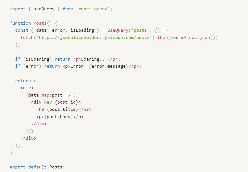Code snippet: example of fetching a list of posts from a placeholder API. Next.js with React Query